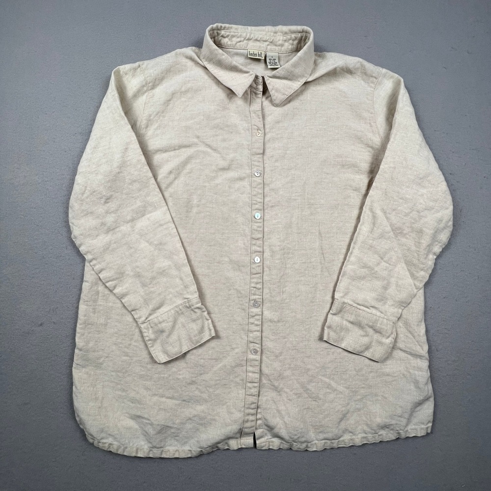Linden Hill Button Down Shirt Womens Large‎ Beige 100% Linen Coastal Minimalist